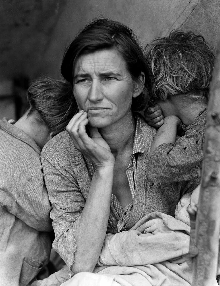 foto grayscale, wanita, anak-anak, skala abu-abu, foto, florence thompson, potret, hitam dan putih, ibu migran, depresi berat