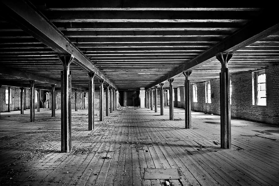 grayscale photography, abandoned, hall, lost places, warehouse, stock, leave, pforphoto, old, decay