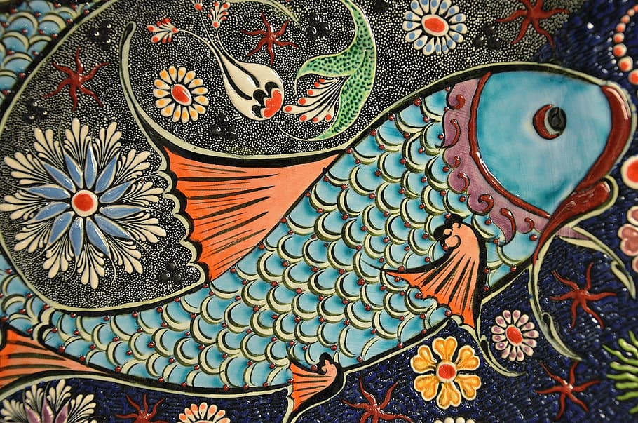 biru, oranye, dekorasi ikan koi, ikan Koi, dekorasi, mosaik, ubin, seni, keramik, warna-warni