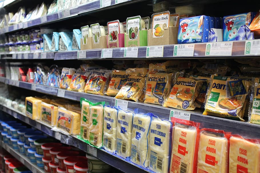 gondola shelf, filled, varieties, cheese products, cheese, refrigerator, processed, dairy, production, supermarket