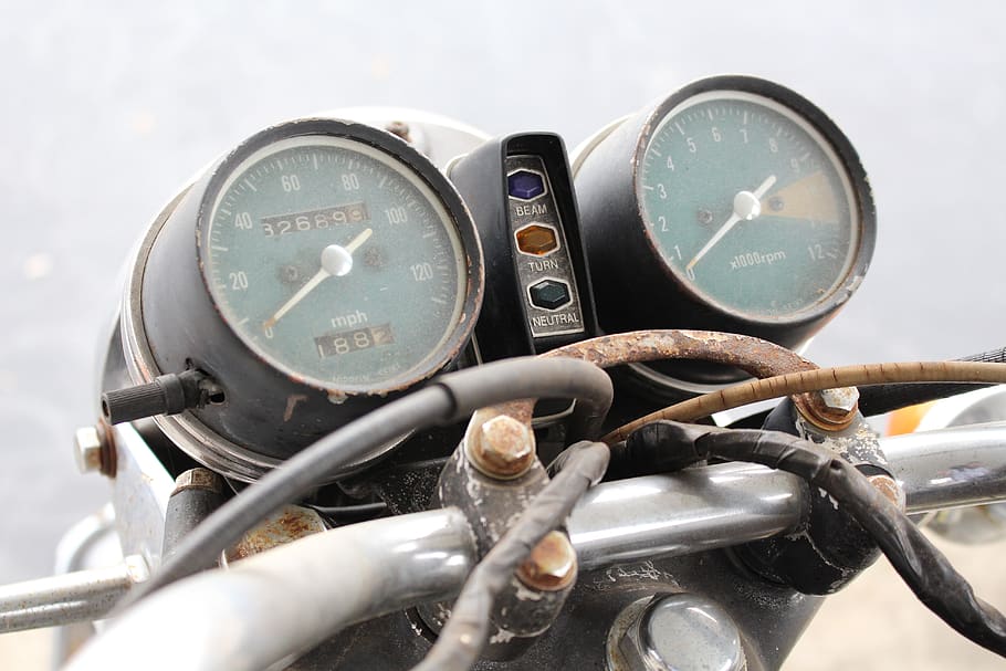 motorcycle, honda, cb450, vintage motorcycle, gauges, tach, speedometer, rustic, tachometer, close-up