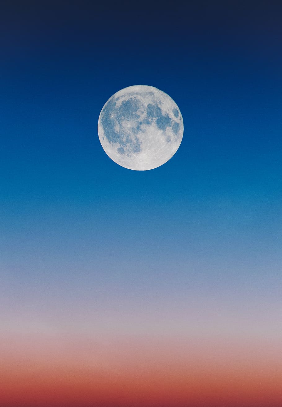 luna llena, amanecer, fondos de pantalla, alta definición, rojo, mínimo, azul, espacio, Luna, cielo