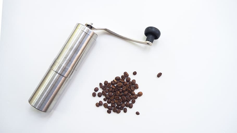 coffee grinder, manual coffee grinder, burr grinder, manual burr grinder, burr coffee grinder, steel grinder, coffee, food and drink, food, white background