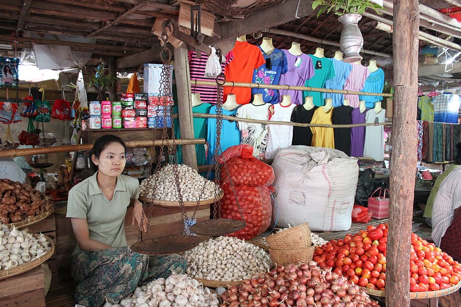Bagan, Market, Human, Myanmar, Burma, market stall, only women, one woman only, food and drink, abundance