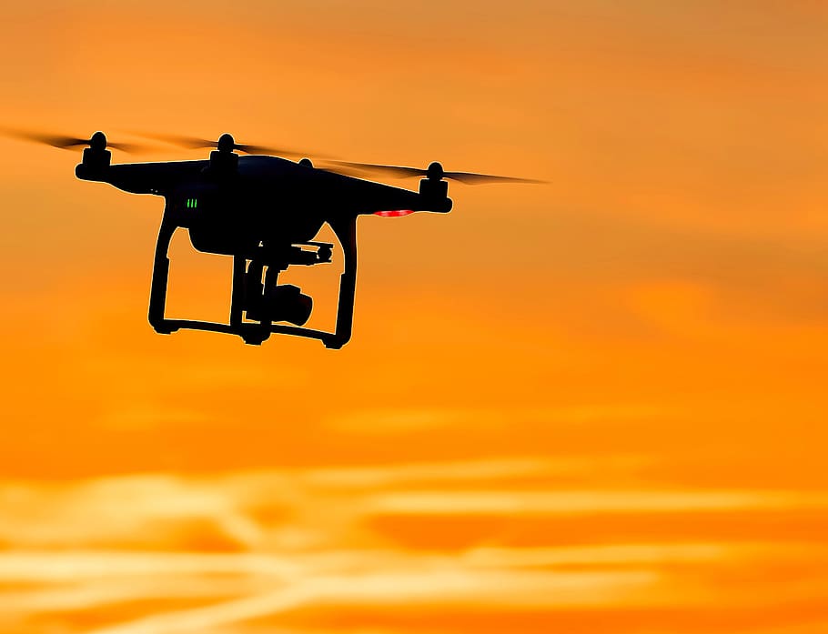 black, quadcopter, sunset, orange, sky, cloud, silhouette, camera, drone, mid-air