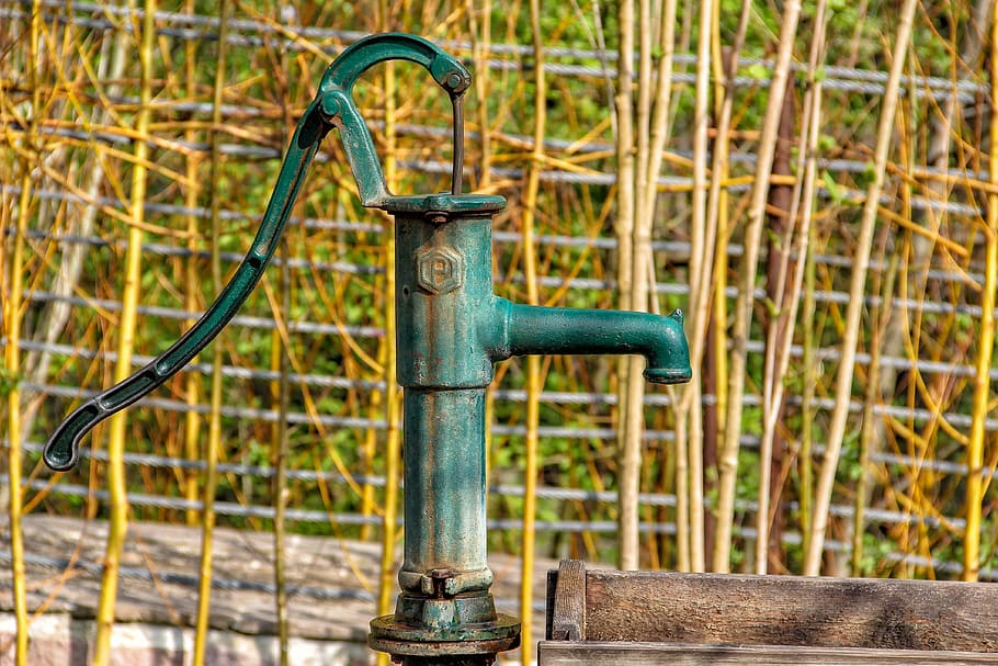 water pump, pump, hand pump, water, fountain, garden pump, cock pump, antique, pipe - tube, metal