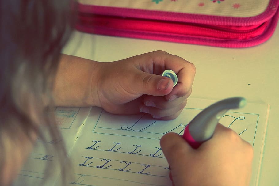 person, writing, letters, using, pen, book, child, kid, homework, school