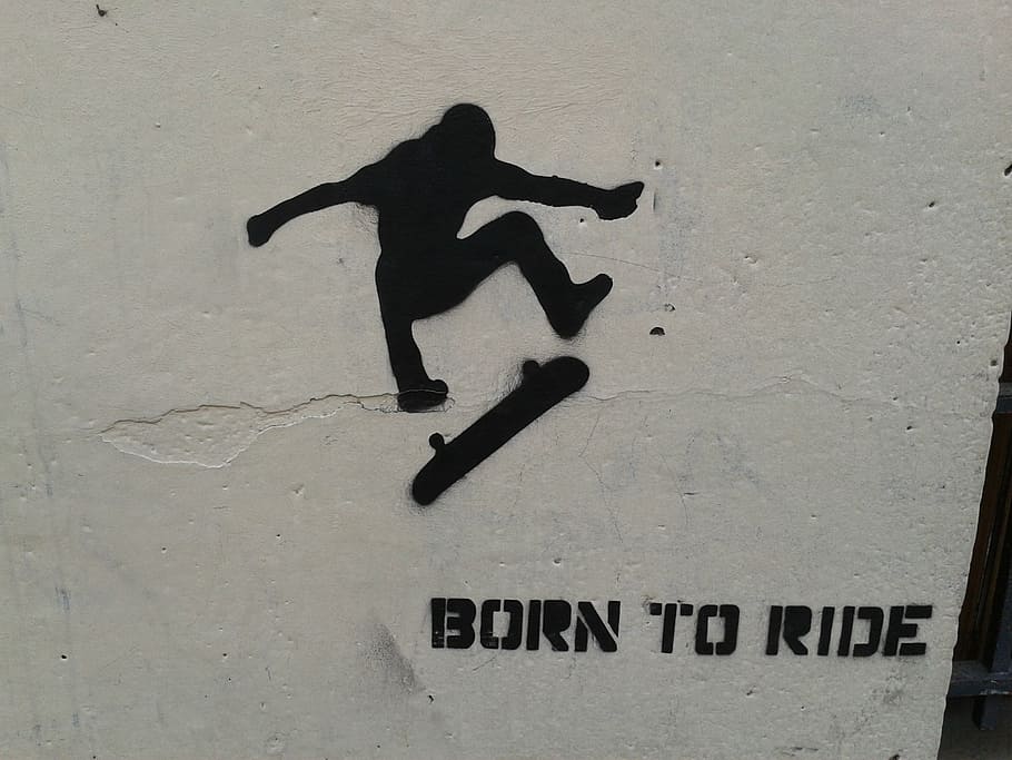 born, ride, banksy, wall, graffiti, paris, skateboard, urban, france, grunge