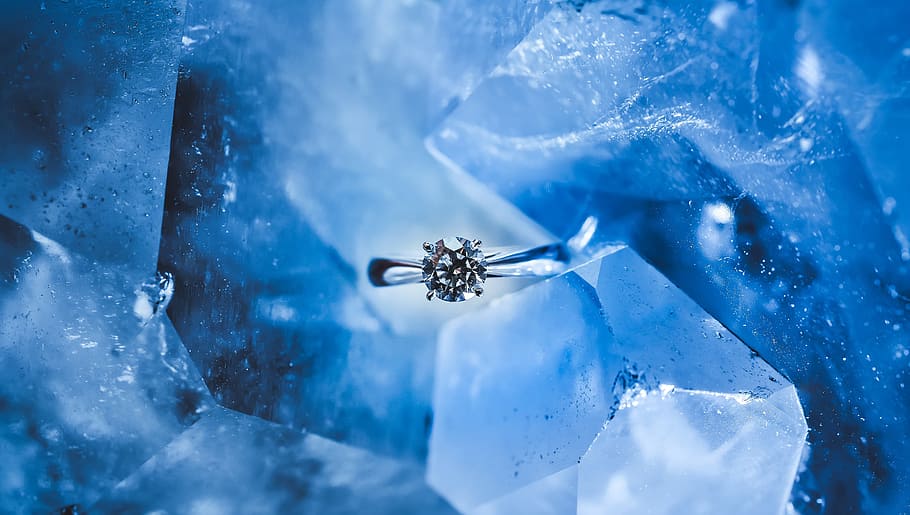closeup, foto, es, biru, kristal, batu, alam, berlian, cincin, mode