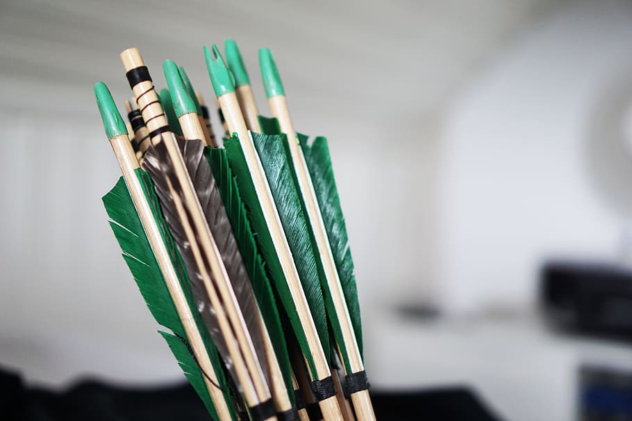 pile, green-and-black arrows, arrows, bow and arrow, shooting, archery, arrow, springs, indoors, close-up