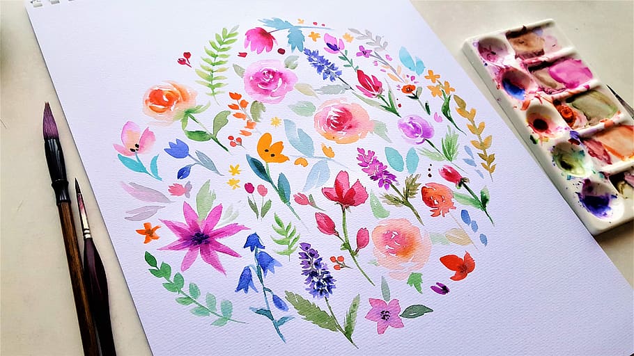 white, multicolored, floral, painting, art, watercolor, brush, color, flowers, multi colored
