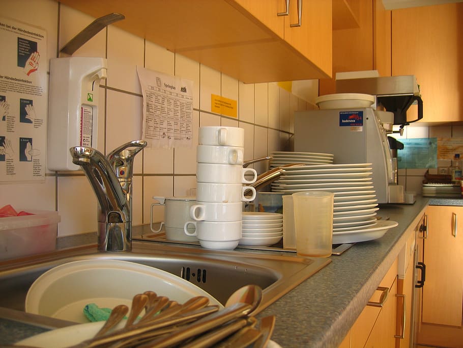 white, dinnerware items, sink, kitchen, cook, rinse, tableware, t, coffee mugs, henkel
