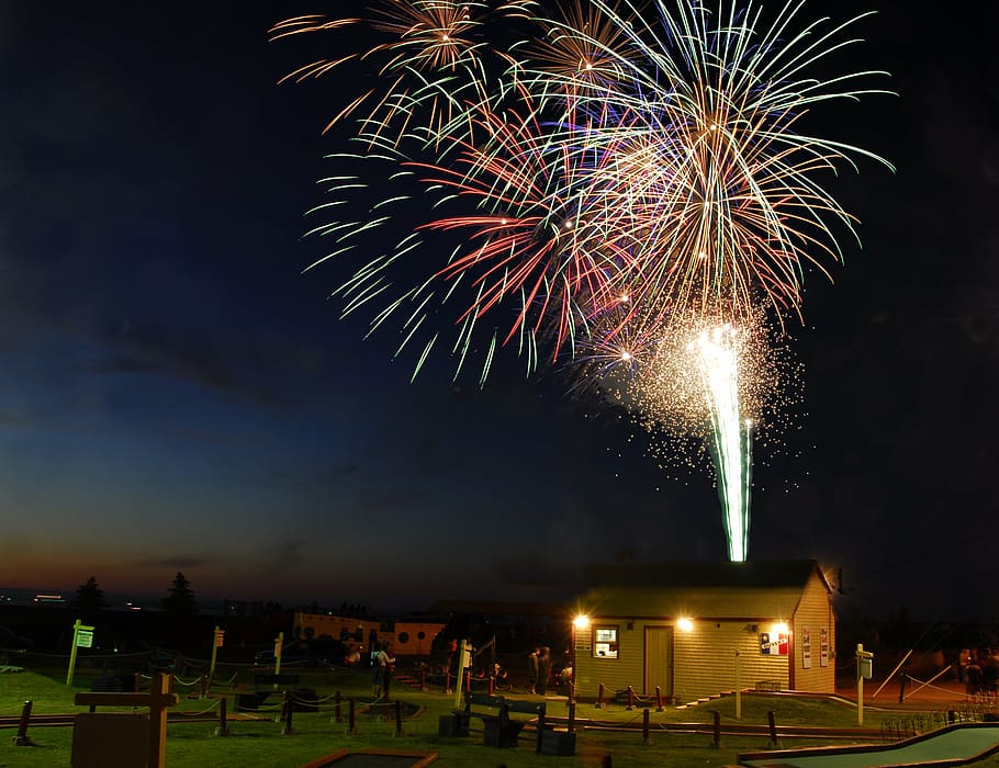 fireworks display, white, house, fireworks, caraquet, canada day, celebration, illuminated, night, firework