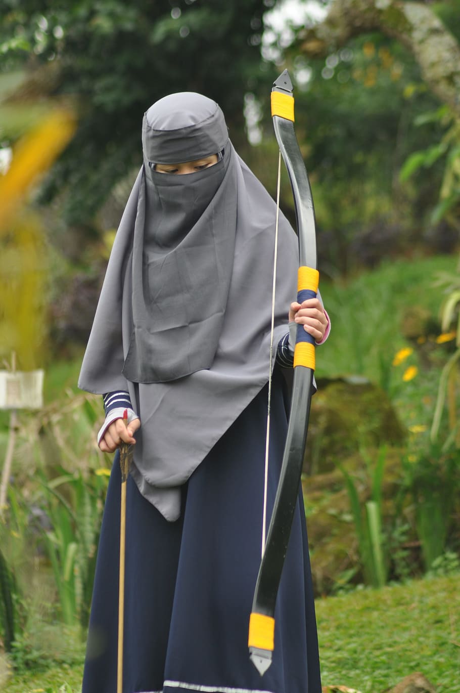 person, holding, black, yellow, compound bow, woman, hijab, women, model, islam