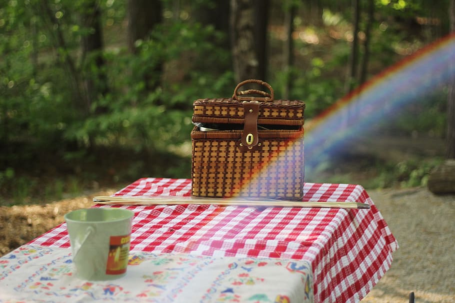 picnic bag, table, cloth, basket, picnic, garden, rainbow, outdoor, trees, stick