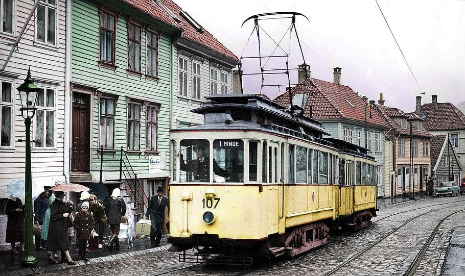 Old, tram, Bergen, Photographer, front, buildings, building exterior, architecture, built structure, city