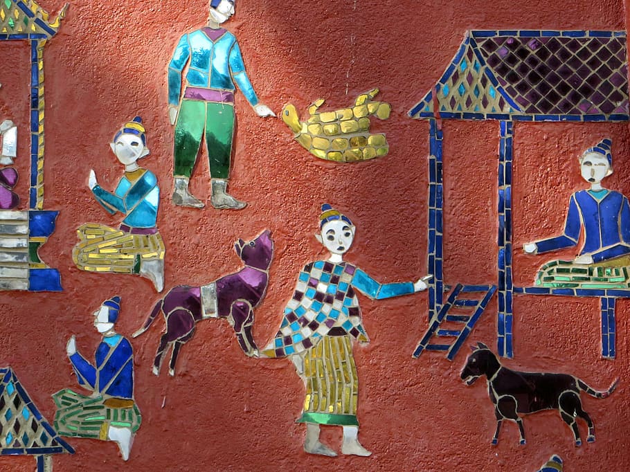 laos, luang prabang, vat sen soukharam, mosaic, mural, characters, stories, temple, representation, art and craft