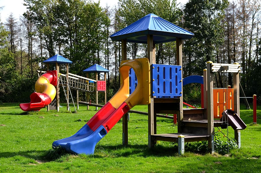 parque infantil, escalar, slide, infância, fora, dispositivo de jogo, jogar, planta, árvore, parque