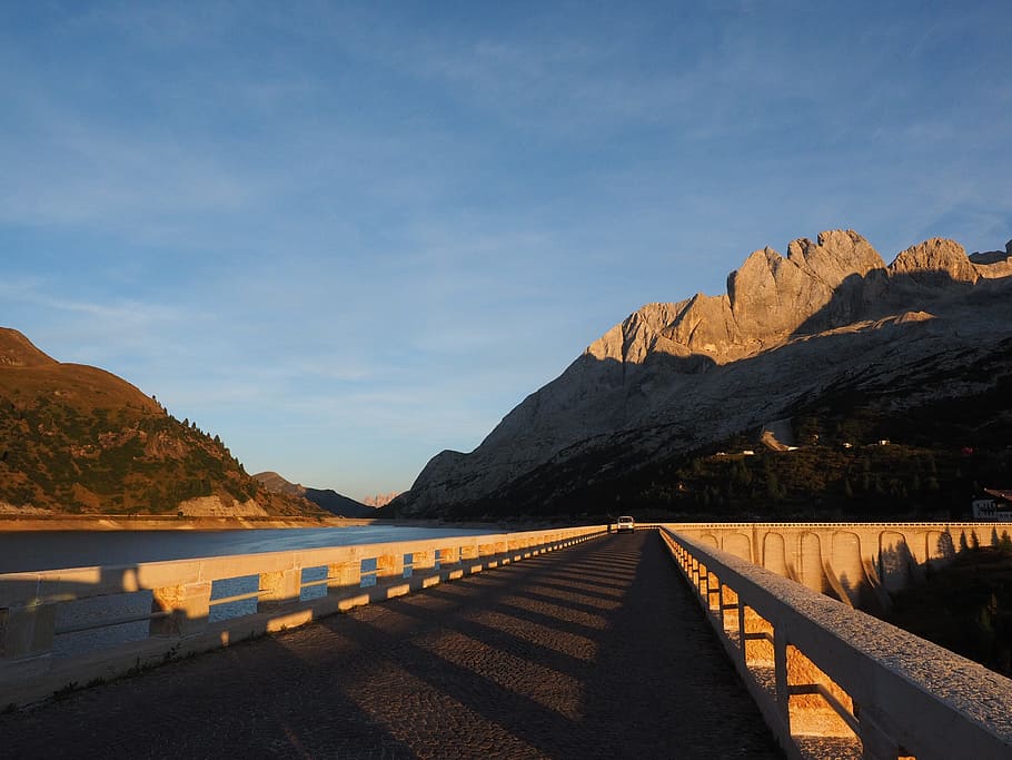 fedaia lake, road, dam system, fedaiapass, dolomites, trentino, province of trento, italy, driveway, barrier wall