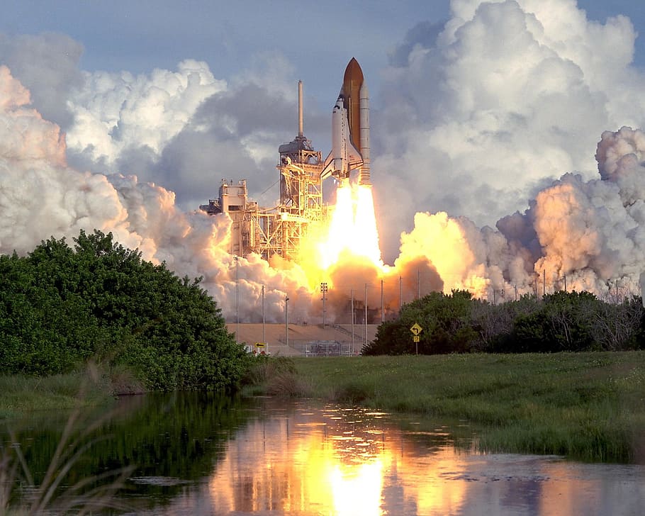 white rocketship, atlantis space shuttle, launch, reflection, water, mission, astronauts, liftoff, rockets, spacecraft