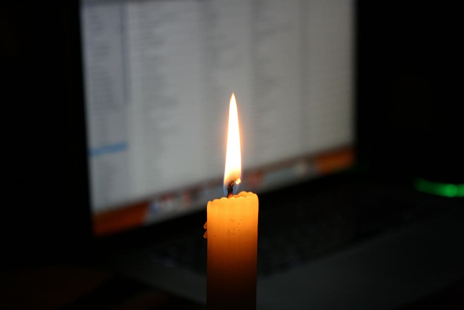 candle, laptop, computer, low-tech, high-tech, battery, candle-light, macbook, outage, flame