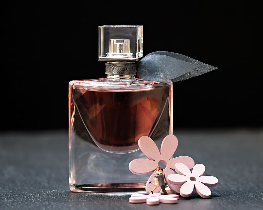 fragrance bottle, three, pink, petaled flowers, perfume, flacon, glass bottle, bottle, still life, perfume bottle