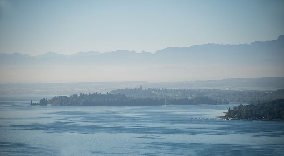 panorámica, foto, cuerpo, agua, isla de Mainau, Lake Constance, flor, isla, vista, niebla