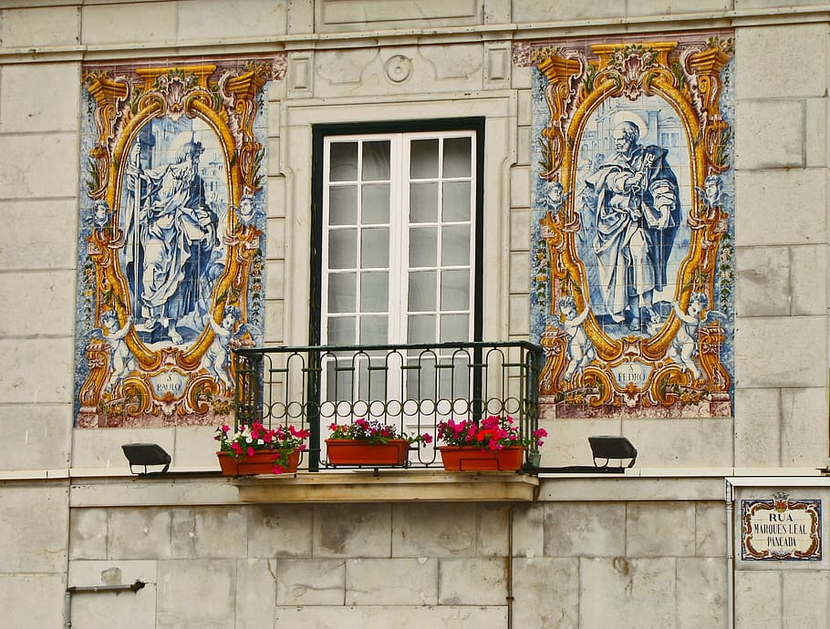 two, lord tapestry, white, wooden, windowpane, balcony, house, ceramics, tile, azulezhu