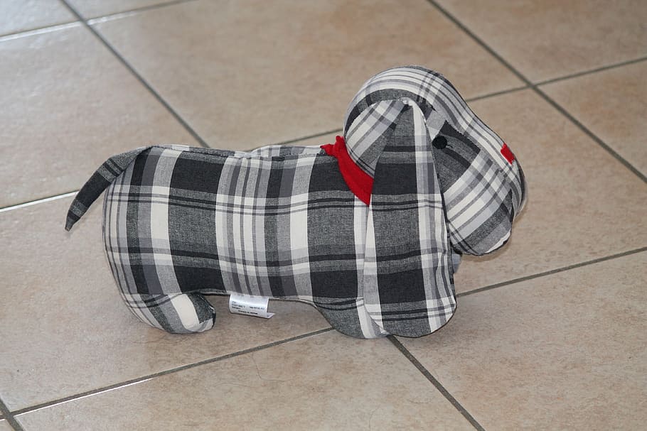 plush, doggie, doorstop, toy, soft, flooring, tiled floor, tile, checked pattern, striped