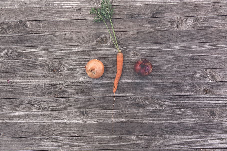 carrot, onions, table, orange, two, crops, farm, field, onion, wood