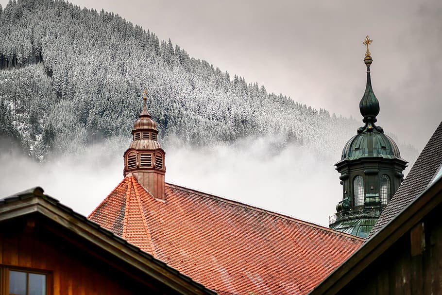 roof, tower, bell tower, mountain, snow, new zealand, clouds, building, historic center, ettal