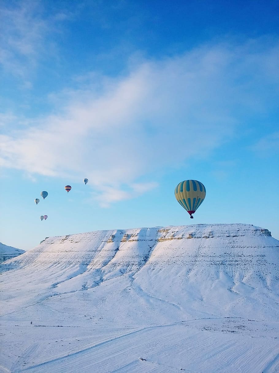 Globo aerostático, Turquía, nieve, Gur, viaje, cielo, nube, recorrido en globo aerostático, vuelo, aventura
