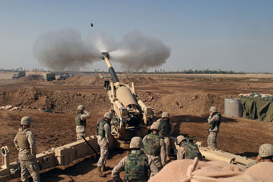 soldiers, manning, artillery battery, military, howitzer, mortar, grenade, weapon, iraq, marines