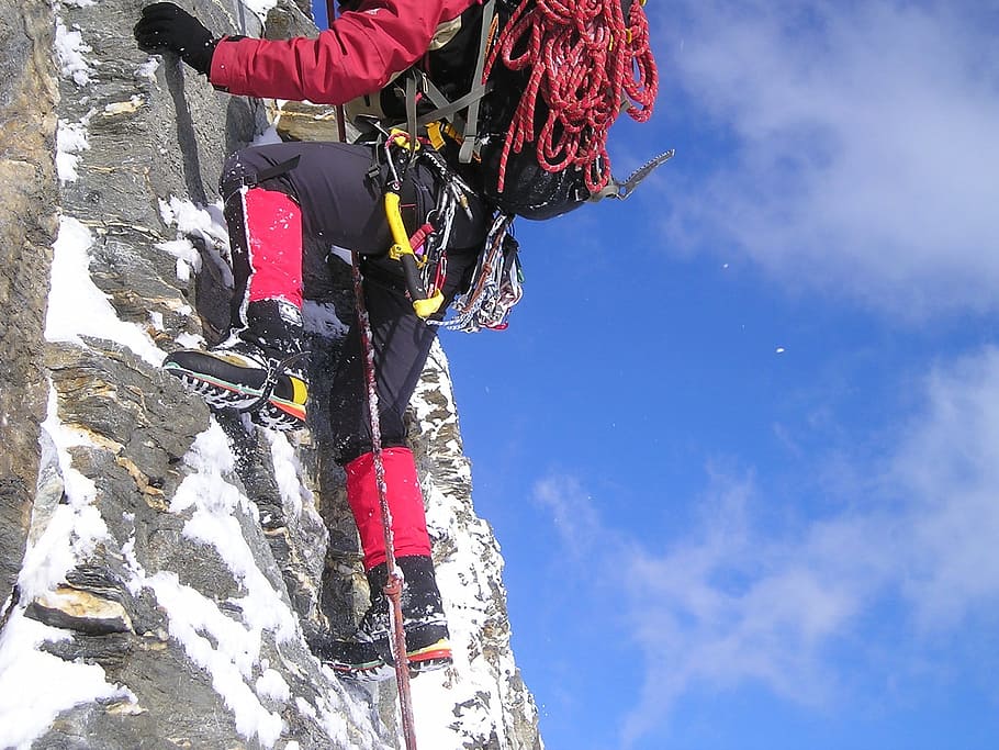 man, wearing, black, red, suit, climbing, rock, daytime, Ice Climbing, Climbing, Equipment