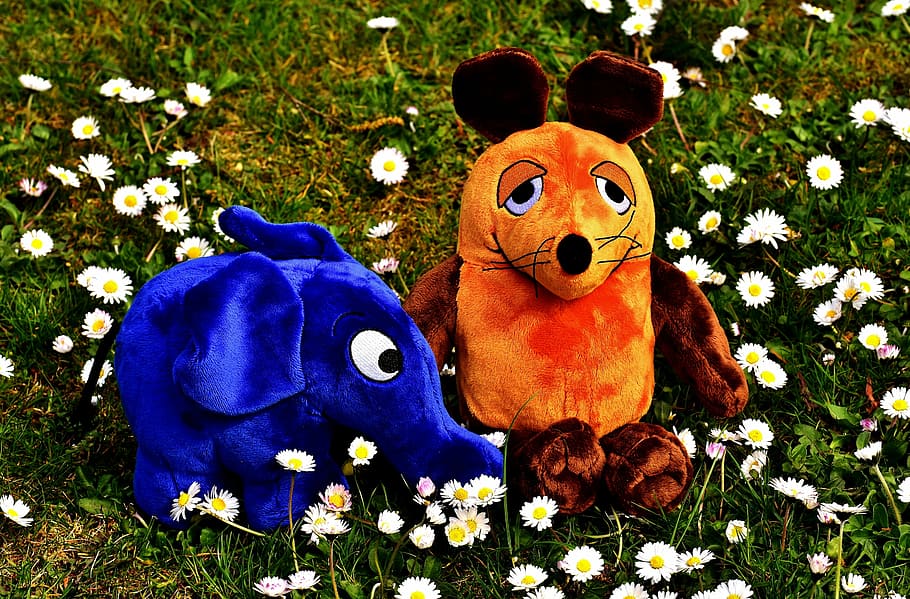 two, blue, elephant, brown, orange, mouse, plush, toys, white, flower field