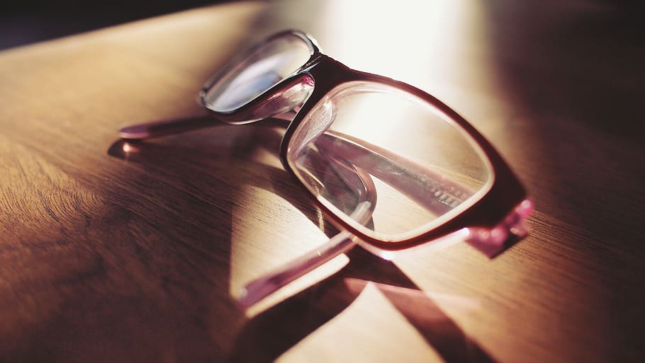 eyeglasses, wooden, surface, daytime, lenses, reading, looking, sight, vision, lens