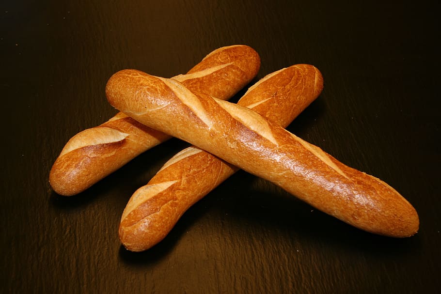 three, baguettes, brown, wooden, surface, flutes, baker, craft, dining, bread