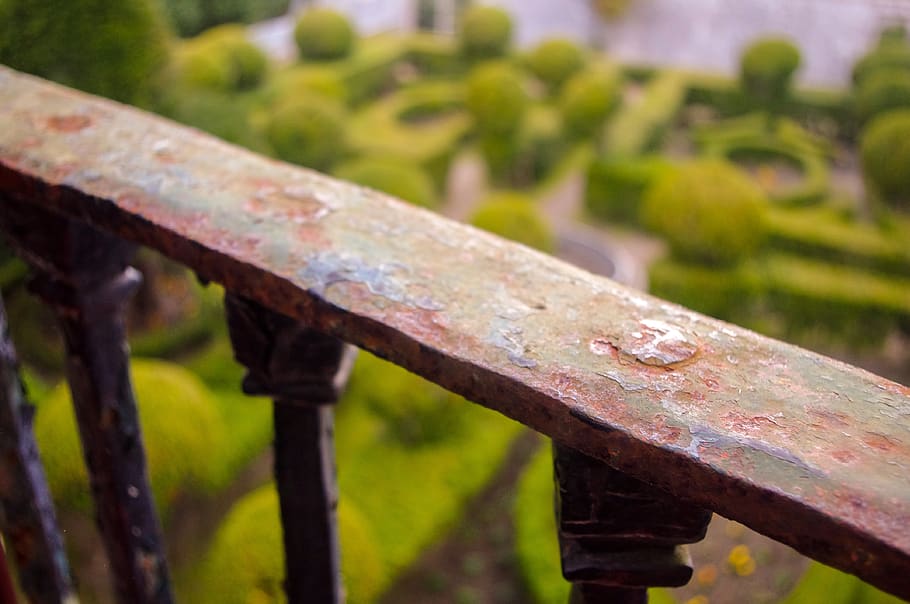 handrail, iron, forging, metal, oxide, old, balcony, day, rusty, focus on foreground