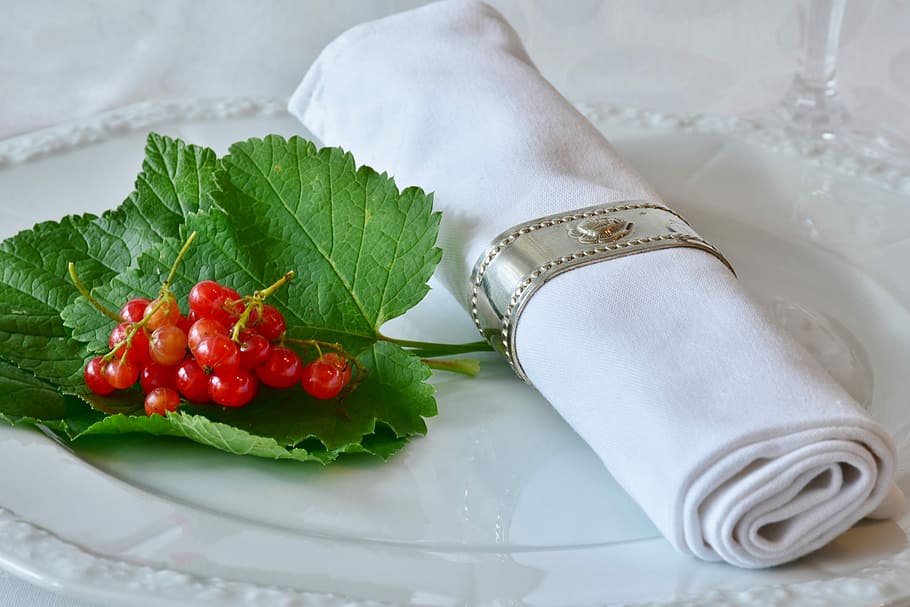 white, towel, green, leaf, plate, napkin, board, gedeckter table, cover, celebration
