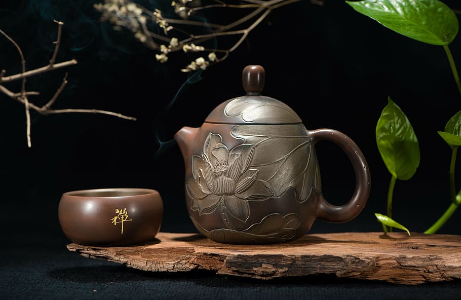 brown, floral, tea pot, bowl, green, leaf plant, tea set, teapot, still life photography, tea ceremony