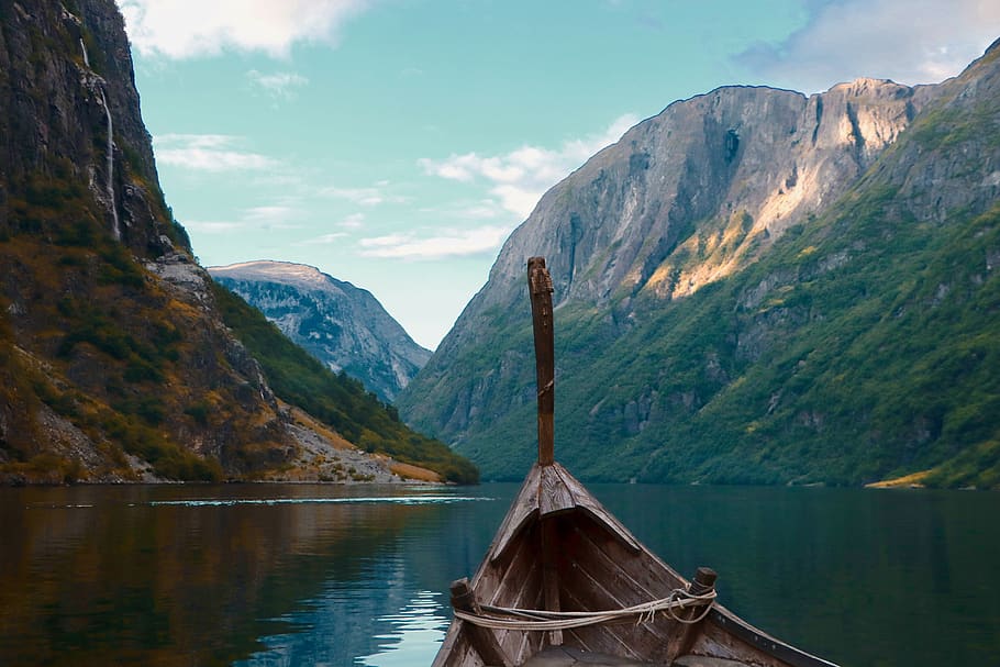 viking, drakar, perahu, norwegia, skandinavia, fjord, alam, air, lanskap, gunung