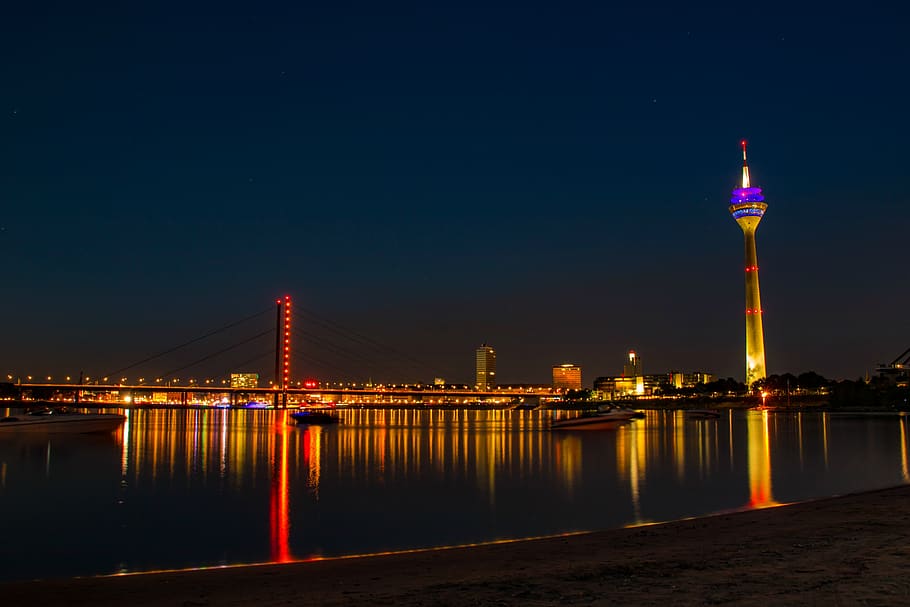 Düsseldorf, Rhein, pantai, jembatan, kota, air, Media harbour, sungai, sungai Rhein, tv tower