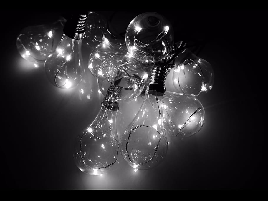 グレースケール, 電球ロット, ブラックホワイト, 電球, LED, ライト, 電気, 電力, エネルギー, デザイン