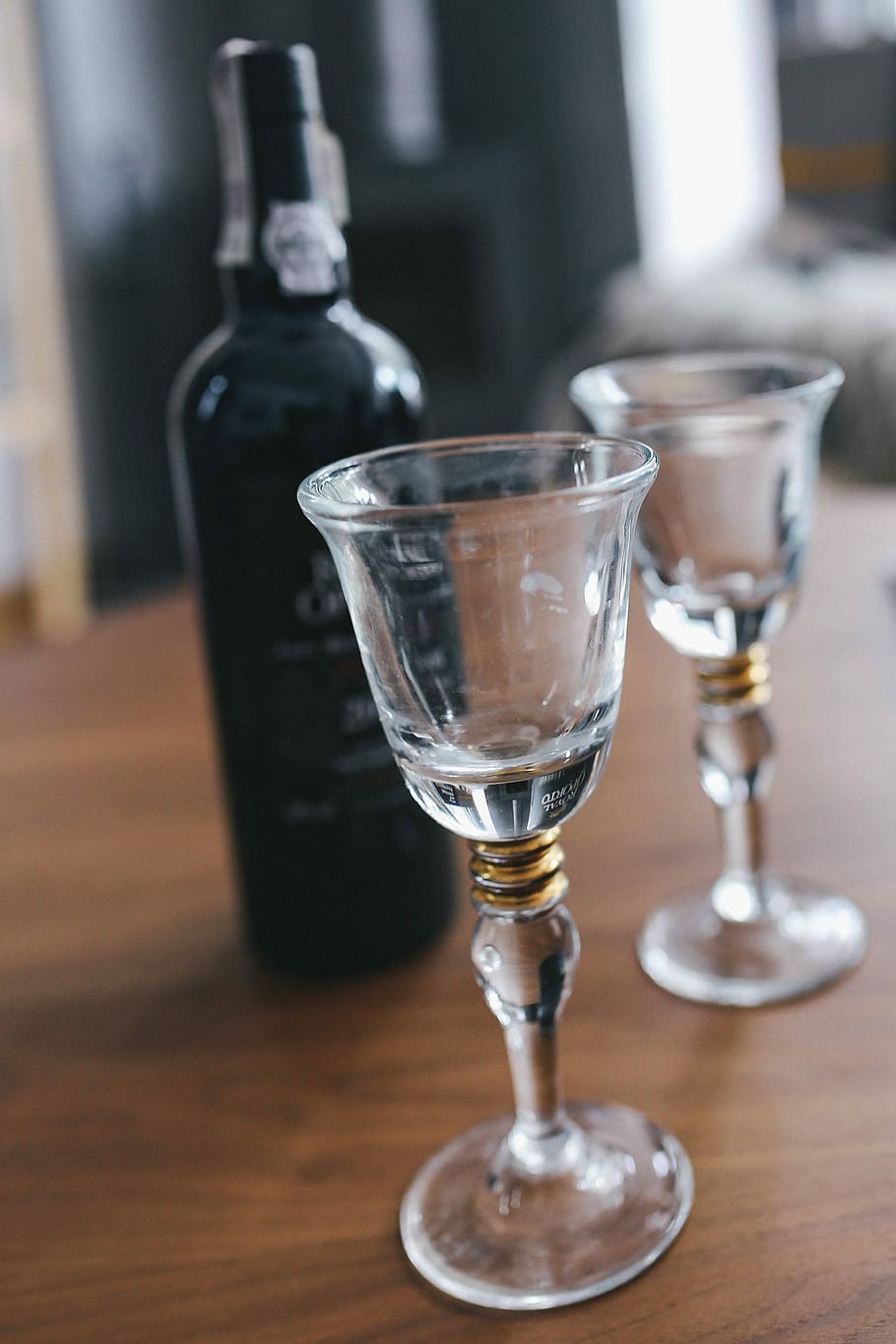 two, empty, wine glasses, bottle, table, bottle of wine, glasses, wine, alcohol, glassware