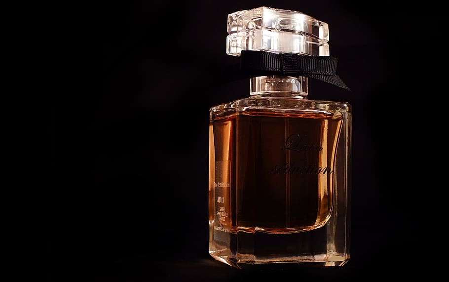 perfume, black background, feminine, glass, container, bottle, studio shot, glass - material, indoors, cut out