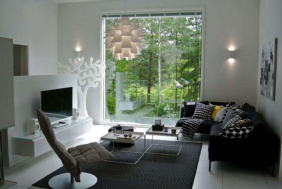black, fabric, sectional, sofa, clear, glass window, gray, flat screen TV, stand, modern