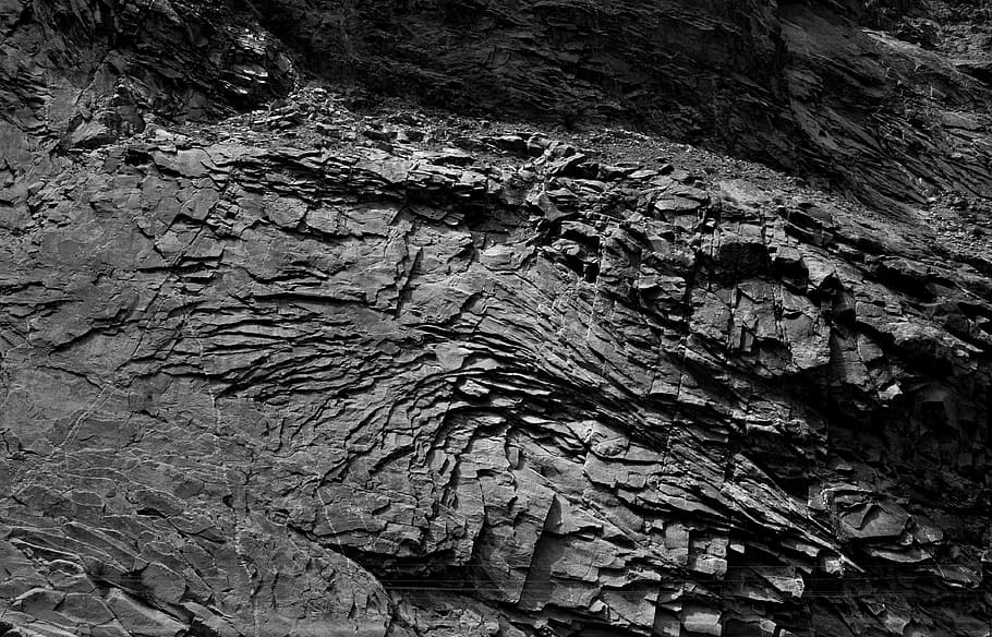 fotografia em escala de cinza, montanha, rocha, pedra, cinza, padrão, textura, parede, material, natural