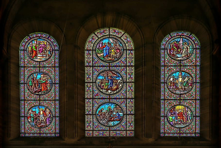 religious tiffany window, window, colourful, church, design, interior, colorful, light, glass, decor