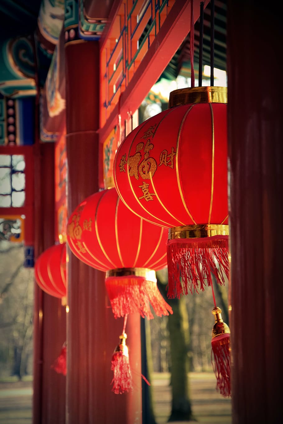 chinese lantern, bower, culture, hanging, red, lantern, lighting equipment, place of worship, belief, focus on foreground