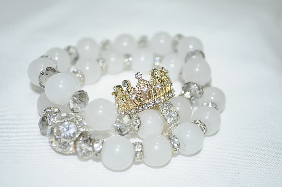 white, diamond, studded, beaded, braceleton, surface, white surface, accessory, bracelet, bangle